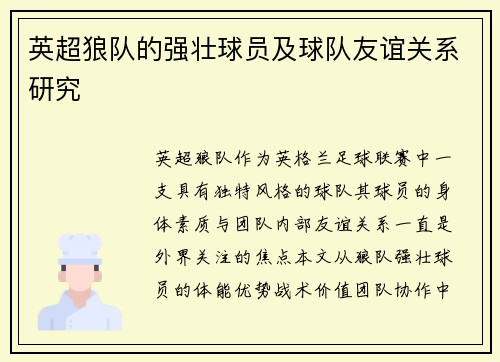 英超狼队的强壮球员及球队友谊关系研究