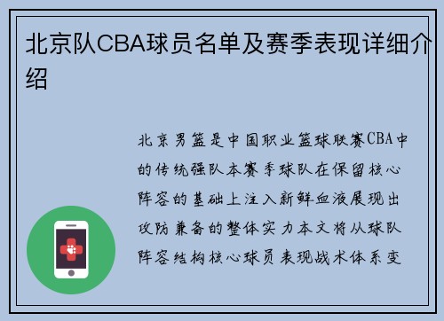 北京队CBA球员名单及赛季表现详细介绍